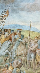 Groupe de soldats romains avec leur chef pointant vers Saint Pierre sur la croix (détail de la Crucifixion de Saint Pierre) - Michelangelo Buonarroti
